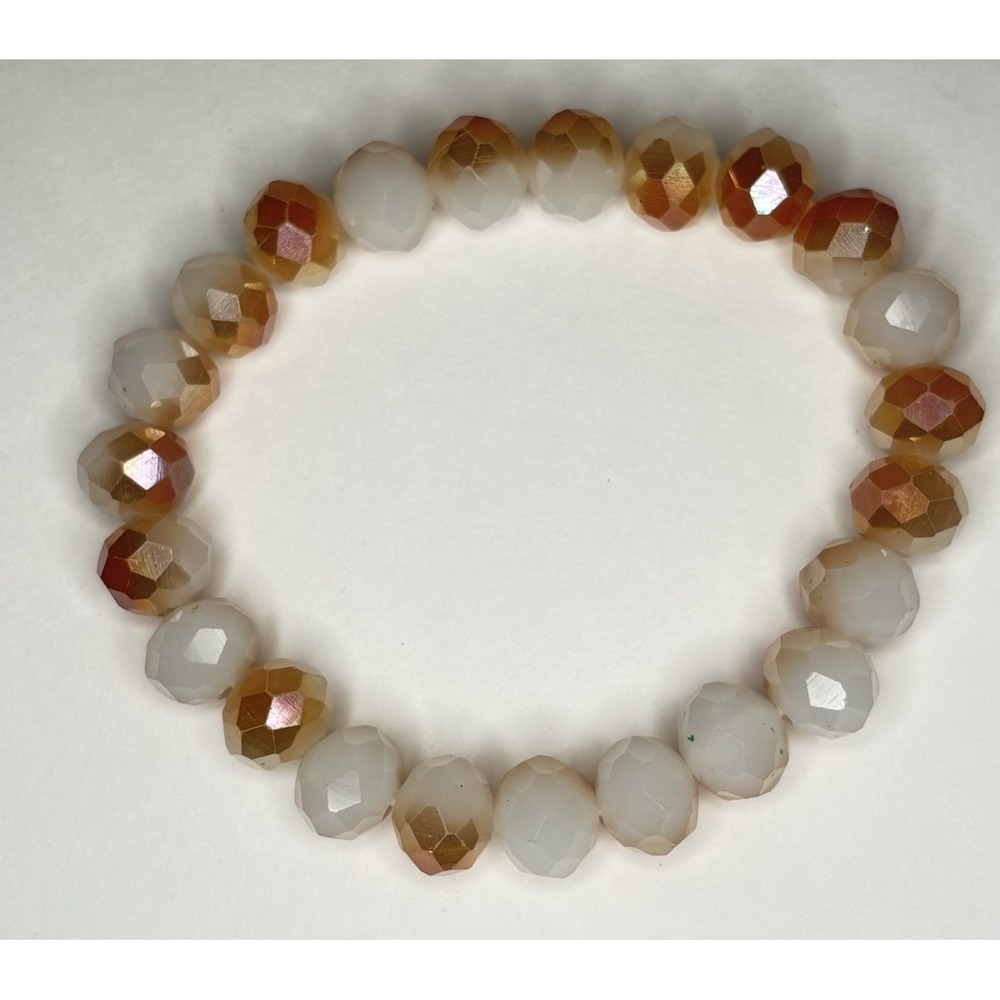 Faceted Glass Stretch Bracelet Frosted White Peach AB Beads Minimalist Boho